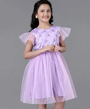 Pine Kids Party Dress with Foil Print on Mesh and Cotton Lining Embellished with Flowers Applique - Orchid Bouquet
