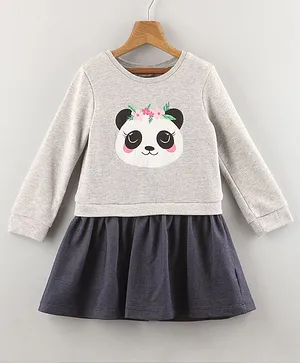 Beebay Full Sleeves Panda Patch Dress - Grey