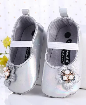 Cute Walk by Babyhug Party Wear Booties Floral Appliques - Silver