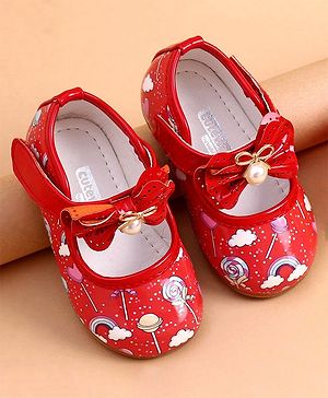 Cute Walk by Babyhug Party Wear Belly Shoes Bow Applique - Red