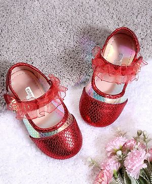 Cute Walk by Babyhug Party Wear Belly Shoes Ruffle Detailing  - Red