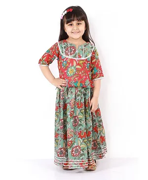 Nitara Couture Half Sleeves Choli & Lehenga Floral Print - Red Green