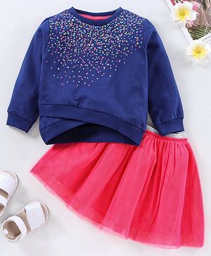 Babyhug Full Sleeves Printed Top & Skirt - Navy Blue Pink
