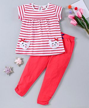 Babyhug Half Sleeves Top & Leggings Striped With Kitty Design - Red