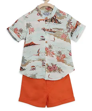Nautinati Half Sleeves Sea Beach Print Shirt With Shorts - Orange