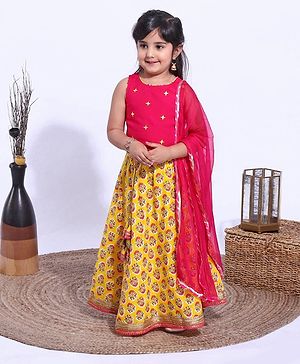 Babyhug Sleeveless Embroidered Choli and Lace Border Ghagra with Net Dupatta - Pink Yellow