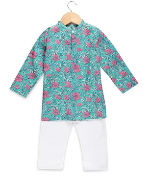 The Mom Store Full Sleeves Floral Print Kurta & Pajama Set - Blue