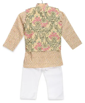 The Mom Store Full Sleeves Chevron Kurta With Floral Print Jacket & Pajama - Cream