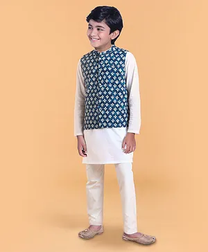 Pine Kids Full Sleeves Solid Kurta & Pyjama with Buti Printed Bandi - White Indigo