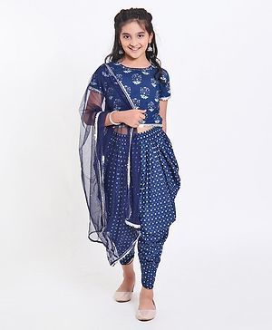 Pine Kids Short Sleeve Printed Choli & Dhoti Pant with Dupatta Set Floral and Dotted Print - Indigo
