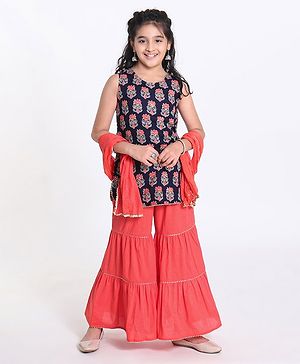 Pine Kids Printed Kurti with Sharara & Cotton Crushed Dupatta - Blue Pink