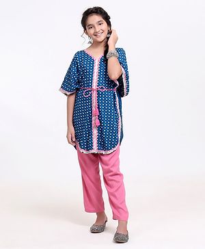 Pine Kids Half Sleeves Printed Kaftan with Tie-up & Salwar - Pink