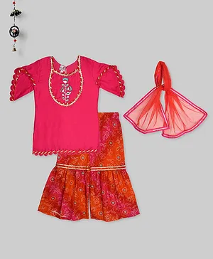 Kinder Kids Half Sleeves Embroidered Kurti With Bhandhani Sharara And Dupatta - Pink