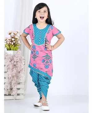 Kinder Kids Short Sleeves Flower Print Kurti With Printed Dhoti Pants - Pink