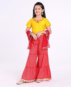 Pine Kids Printed Top And Sharara Set with Mesh Dupatta - Red