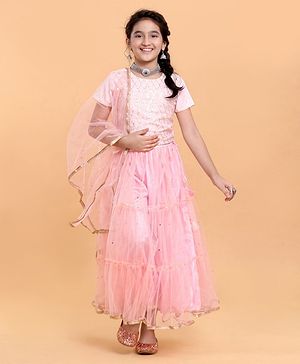 Pine Kids Half Sleeves Gottta Lace Choli and Lehenga Set with Sequined Dupatta - Peach