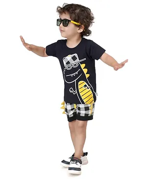 Kooka Kids Half Sleeves Dinosaur Print Tee With Shorts - Black
