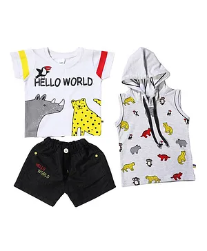 Kooka Kids Half Sleeves Tiger Print Tee With Hooded Tee & Shorts - White