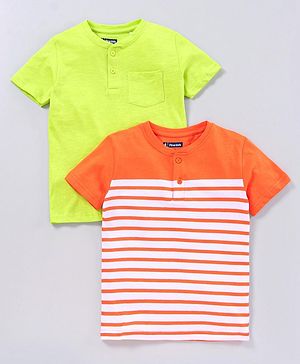 Pine Kids Half Sleeves Bio Washed Tee Striped Print - Orange Green