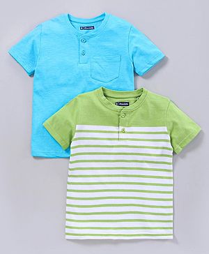 Pine Kids Half Sleeves Bio Washed Tee Striped Print Pack of 2 - Blue Green