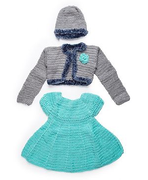 Woonie Solid Colour Handmade Dress With Full Sleeves Shrug & Cap - Green & Grey