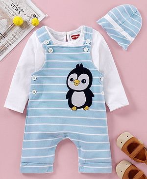 Babyhug Dungaree Style Romper With Full Sleeves Tee Penguin Printed - Blue White Stripes