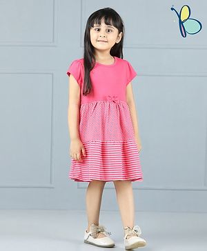 Hola Bonita Cap Sleeves Frock Stripe Frock Bow Applique - Pink