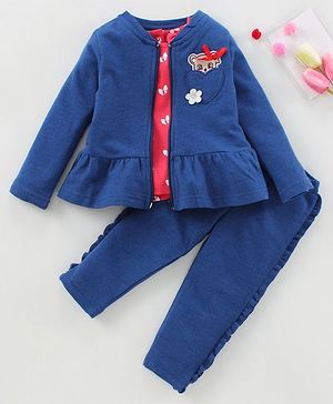 Babyhug Full Sleeves Jacket Top & Jeggings Set Bow Print - Bue