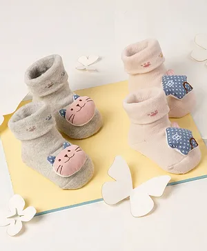 Kicks & Crawl 3D Kitty And Home Pair Of 2 Socks - Pink And Grey