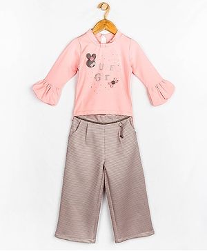 Peppermint Three Fourth Sleeves Cute Girl Printed Top & Pants Set - Peach