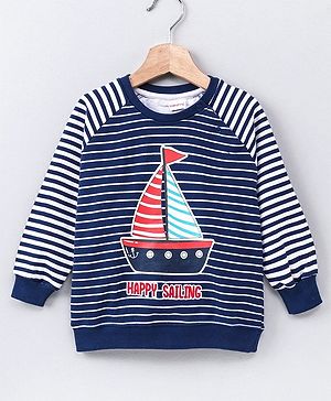 Babyhug Full Sleeves Striped Sweatshirt Boat Print - Navy Blue