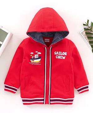Babyhug Full Sleeves Sweat Jacket Text Badge - Red