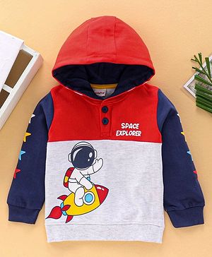 Babyhug Full Sleeves Hooded Sweatshirt Astronaut Graphic - Red & Blue