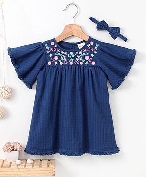 Babyhug Half Sleeves Frock Floral Embroidery - Blue