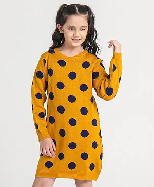 Pine Kids Full Sleeves Polka Dot Knitted Dress - Yellow