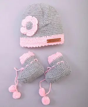 The Original Knit Flower Design Handmade Cap & Booties Set - Grey
