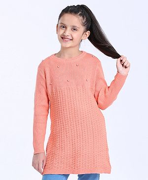 Pine Kids Full Sleeve Knee Length Dress Solid Color - Peach