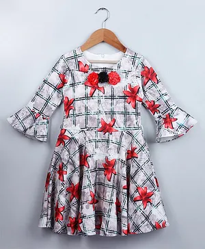 ZIBA CLOTHING Full Bell Sleeves Flower Print Dress - Grey