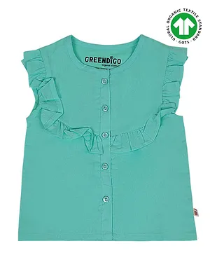GREENDiGO 100% Organic Cotton Gots Certified Cap Sleeves Button Down Ruffled Top - Green