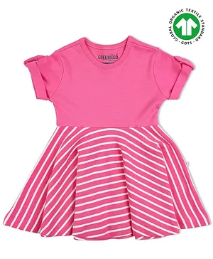 GREENDiGO 100% Organic Cotton Gots Certified Half Sleeves Striped Dress - Pink