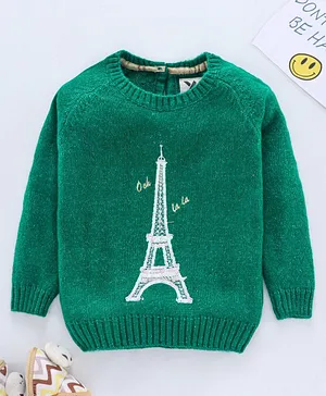 Yellow Apple Full Sleeves Sweater Sequinned Eiffel Tower Detailing  - Green