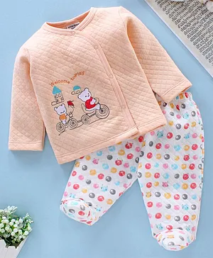 Wonderchild Full Sleeves Teddy Embroidered  Polyfill Tee With Footed Pants - Light Orange