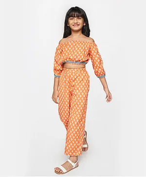 Global Desi Girl Three Fourth Sleeves Floral Top With Bottom Set - Orange