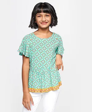 Global Desi Girl Half Sleeves Geometric Print Top - Blue