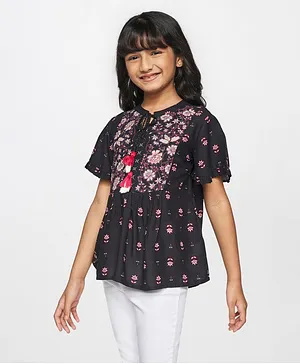 Global Desi Girl Half Sleeves Floral Print Top - Black
