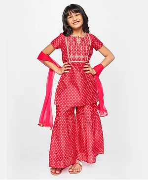 Global Desi Girl Half Sleeves Motif Design Kurta With Sharara & Dupatta - Pink