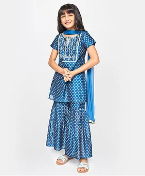 Global Desi Girl Half Sleeves Motif Design Kurta With Sharara & Dupatta - Blue