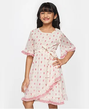 Global Desi Girl Half Sleeves Flower Embroidery Dress - Off White
