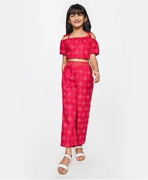 Global Desi Girl Half Sleeves Goemetric Print Top With Bottom - Red