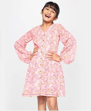 Global Desi Girl Full Sleeves Floral Print Dress - Pink
